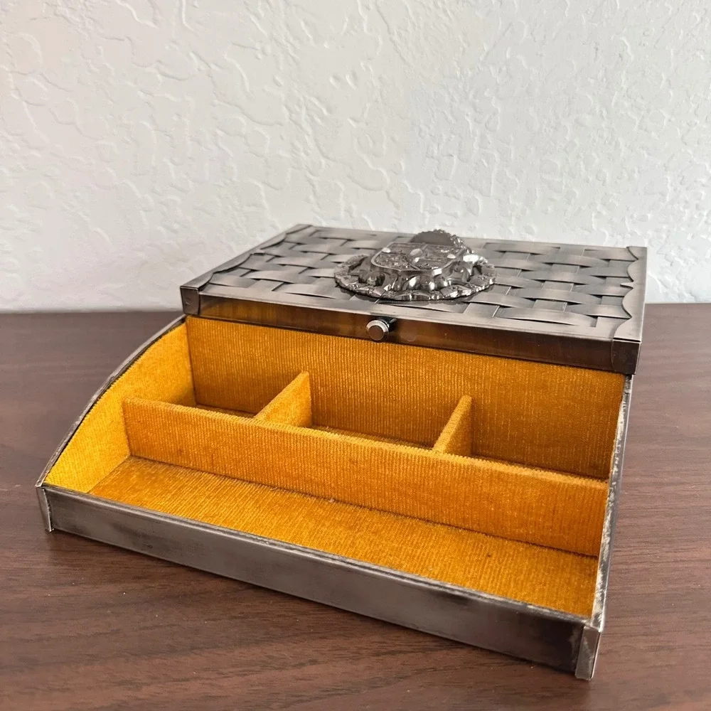 Vintage Ornate‎ Metal Jewelry Trinket Box Crest Basket Weave Japan Storage